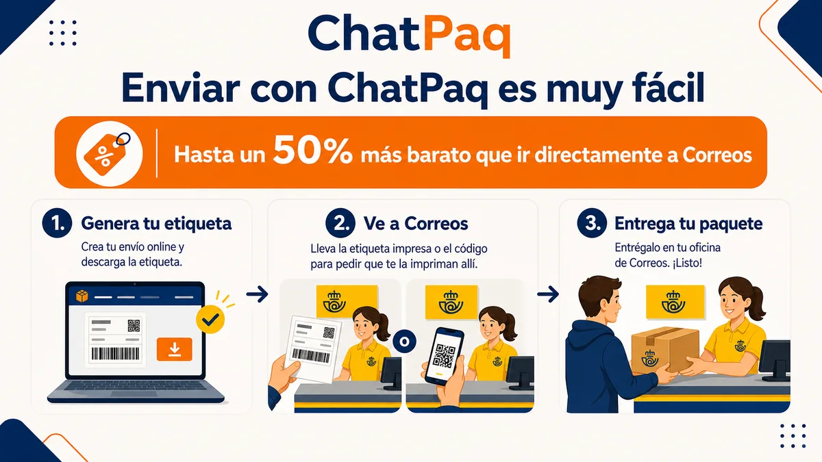 Infografía de ChatPaq: genera la etiqueta, ve a Correos con la etiqueta impresa o con el código para pedir que la impriman allí y entrega tu paquete. Hasta un 50% más barato que ir directamente a Correos.